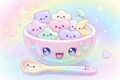 animated kawaii bowl with charms in it and a kawaii spoon